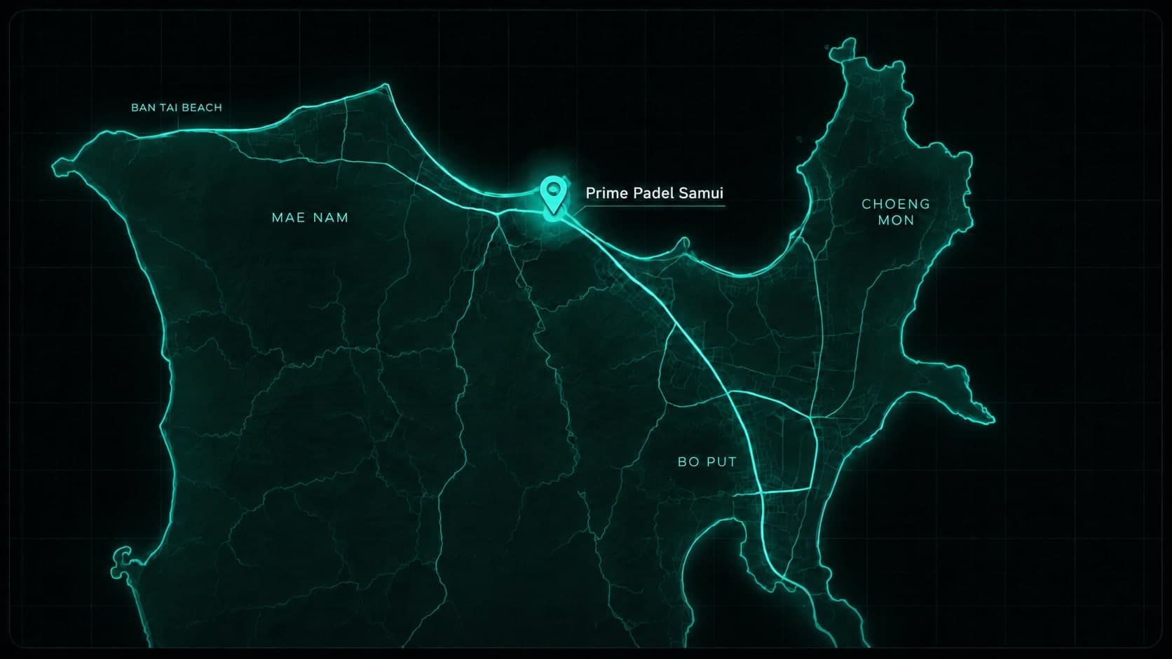 Map of northern Koh Samui showing Prime Padel Samui between Mae Nam and Bo Phut, with Ban Tai Beach and Choeng Mon